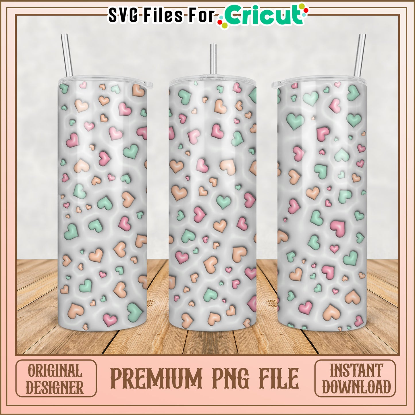 Cute Heart Pattern Tumbler PNG File for Cricut Projects Instant Download