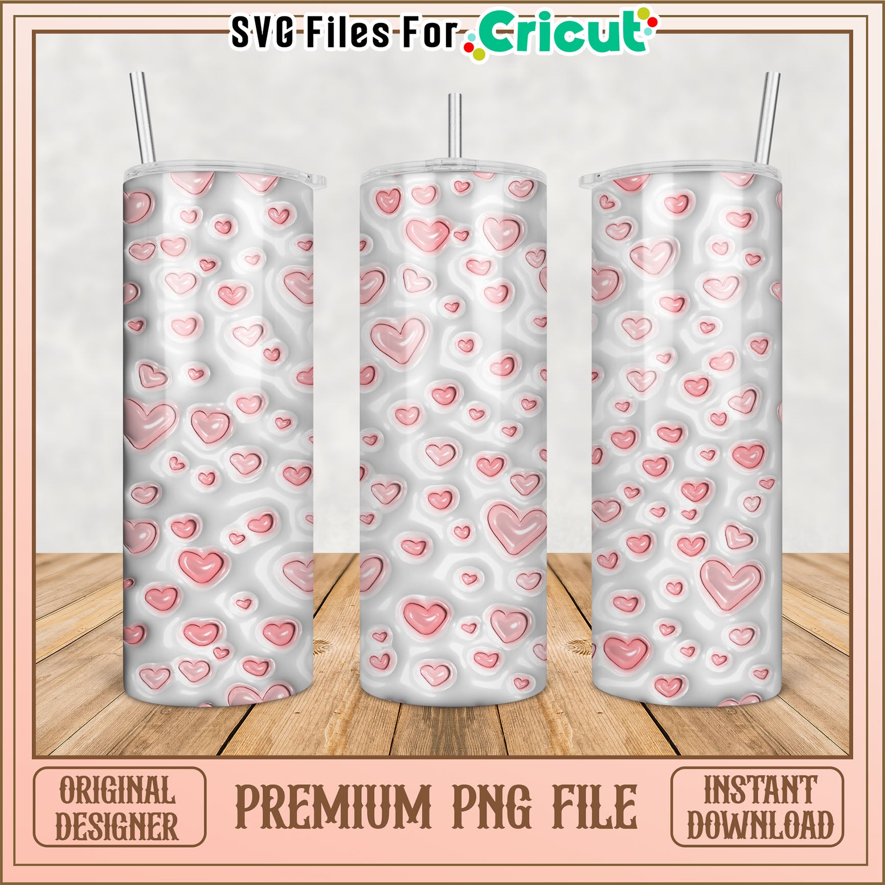 Cute Heart Pattern Tumbler PNG File for DIY Projects Instant Download