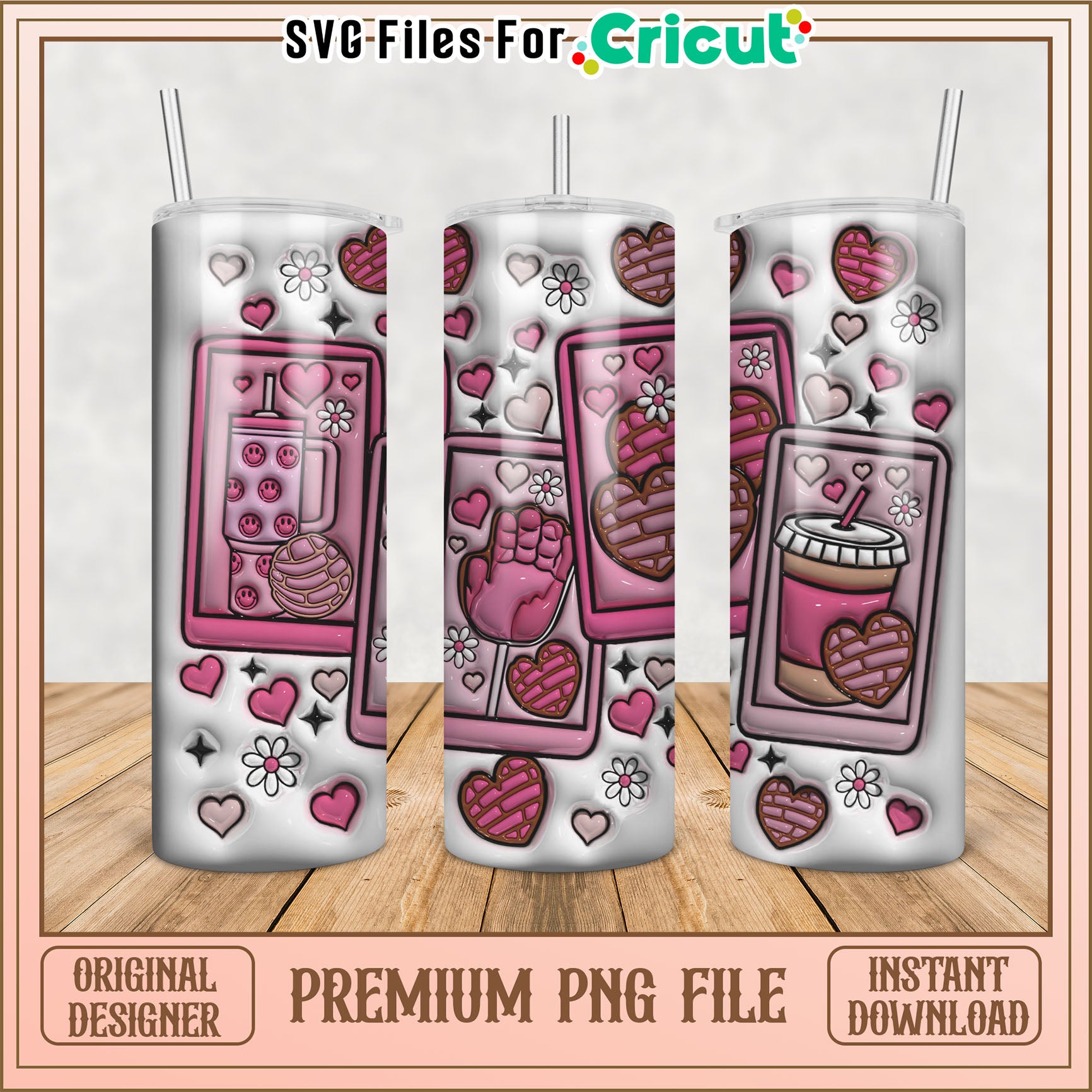 Cute Heart Pattern Tumbler PNG for Cricut Instant Download File