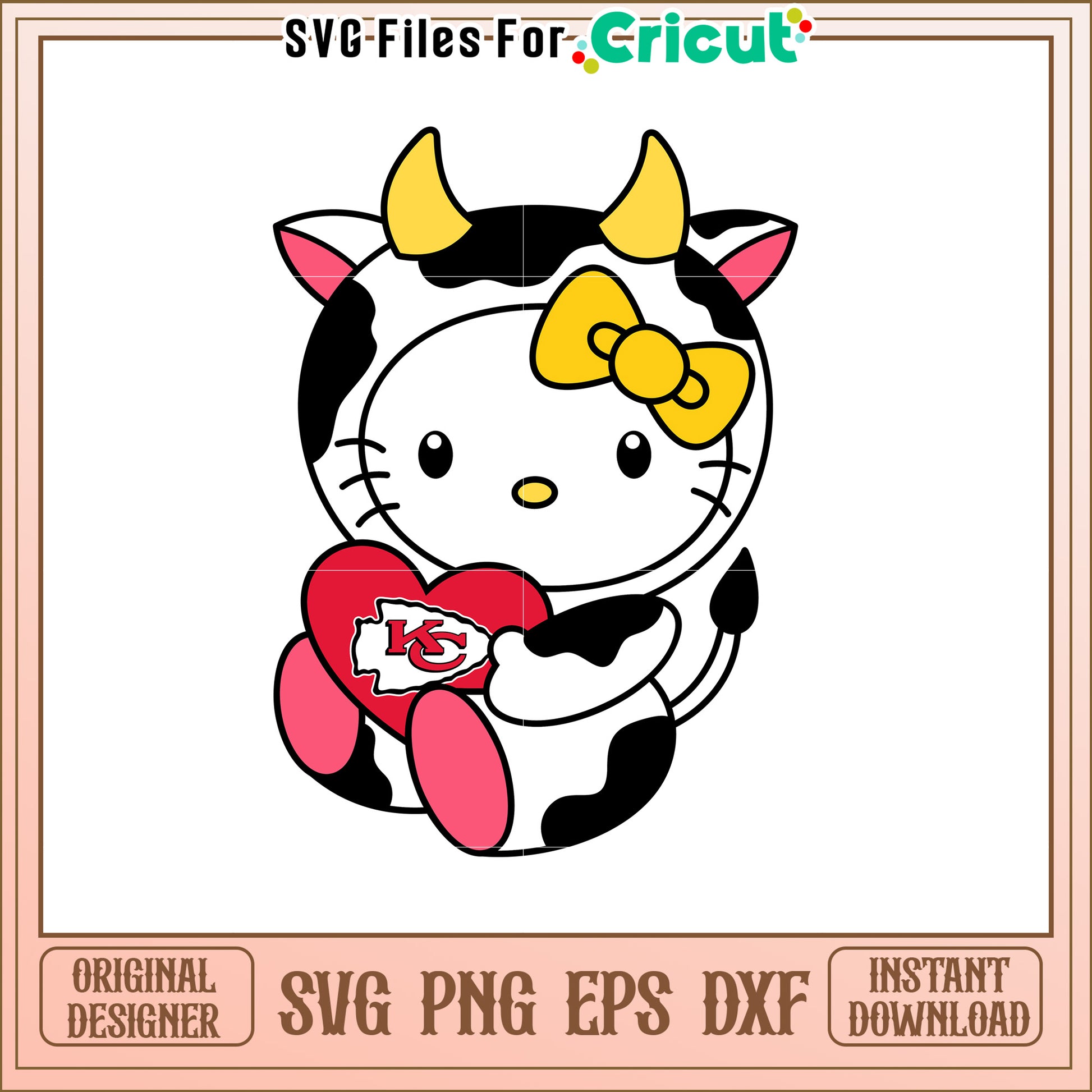 Cute Hello Kitty Cow SVG Design with Heart KC Logo