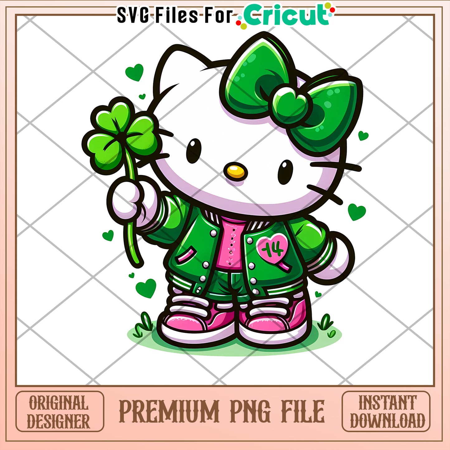 Cute Hello Kitty PNG File with Shamrock Design for Cricut