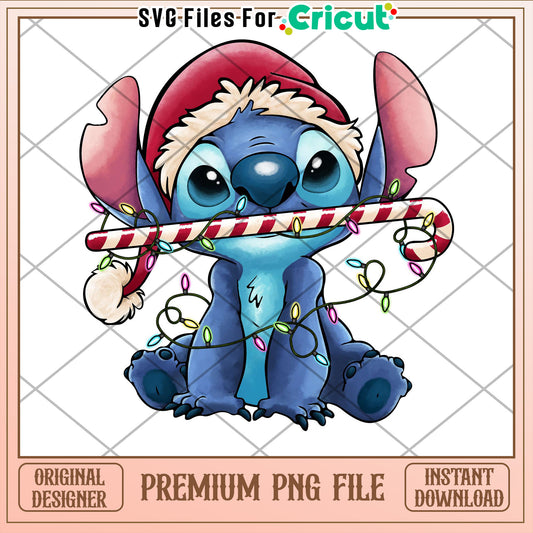 Cute Holiday Stitch with Candy Cane and Lights PNG File Download
