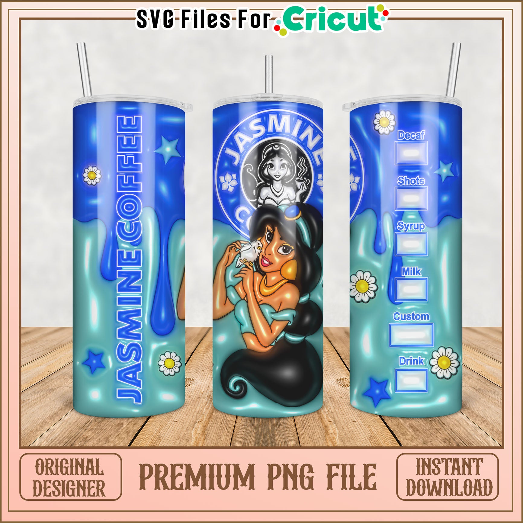 Cute Jasmine Coffee Tumbler PNG Design for Cricut Users Download