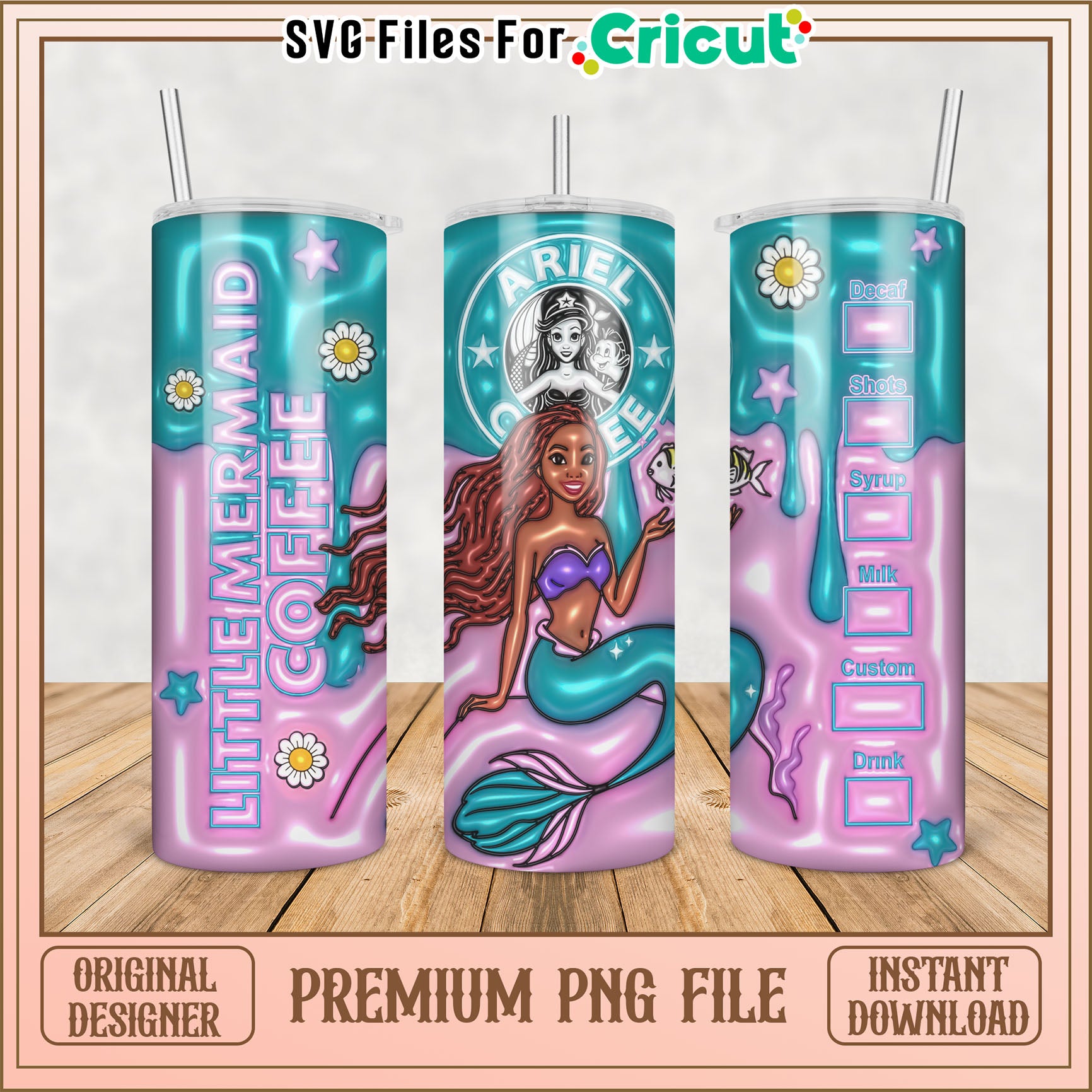 Cute Little Mermaid Coffee Tumbler Design PNG for Cricut Crafts