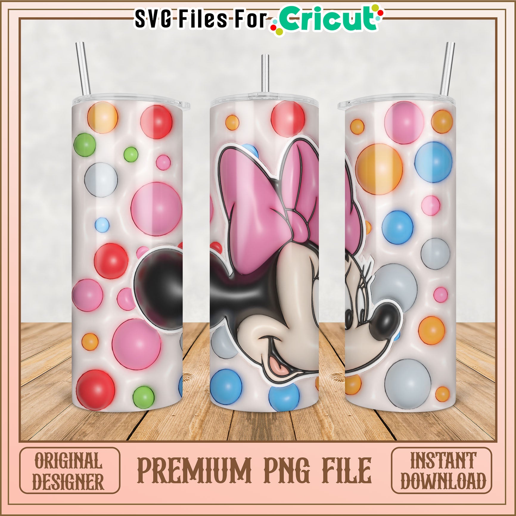 Cute Minnie Mouse Tumbler PNG Design with Colorful Bubbles Download