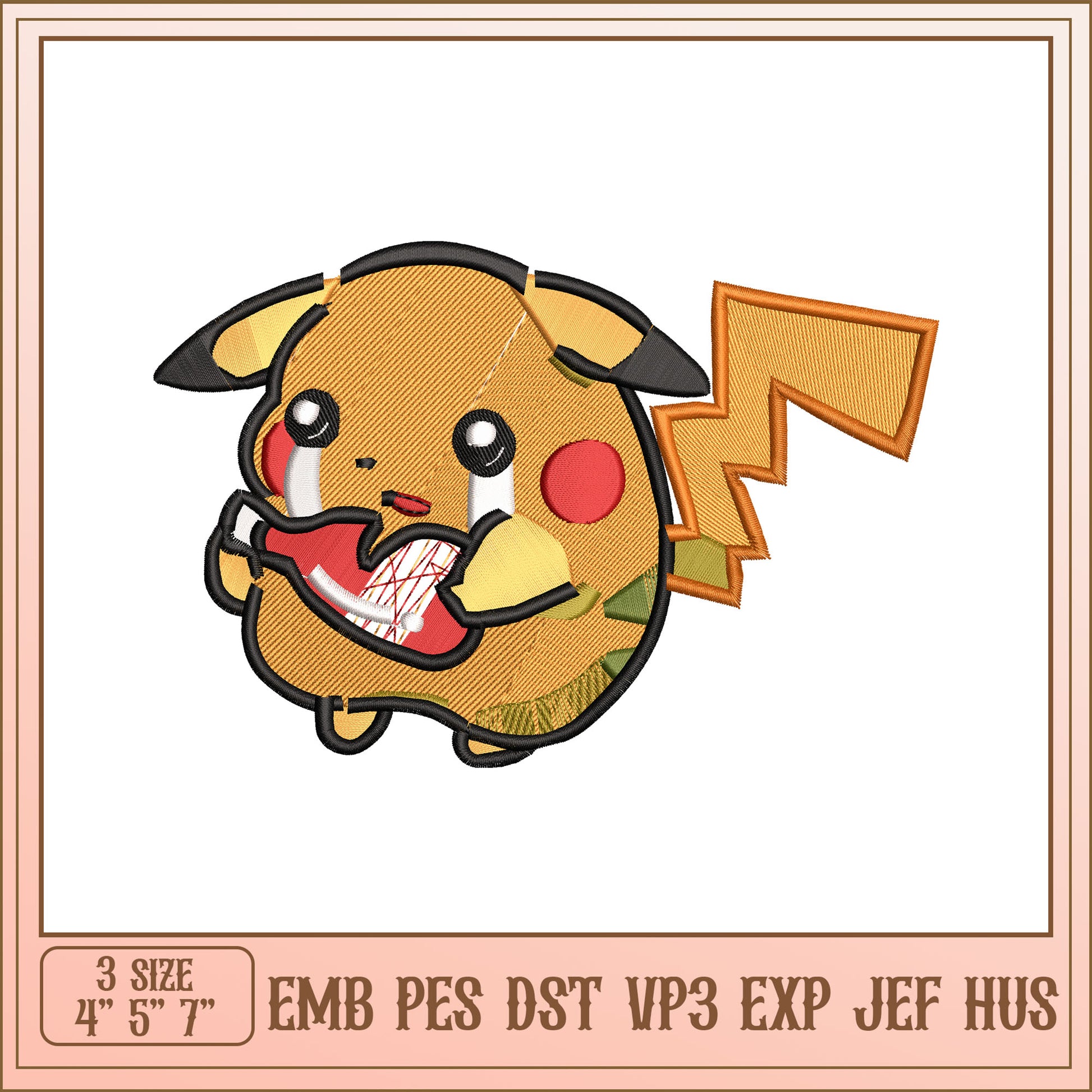 Cute Pikachu Embroidery Design for DIY Projects in Three Sizes