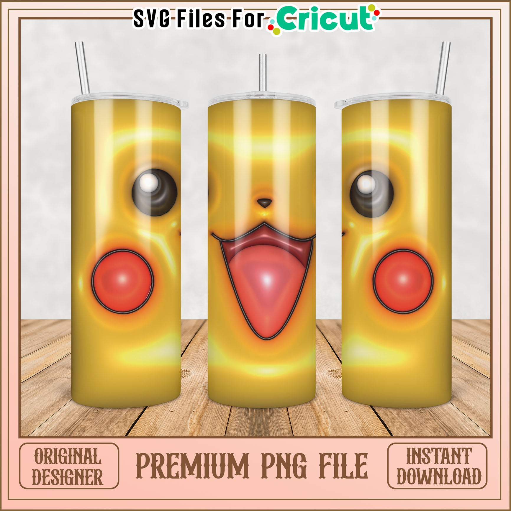 Cute Pikachu Tumbler PNG Design for Cricut Instant Download 64 Characters