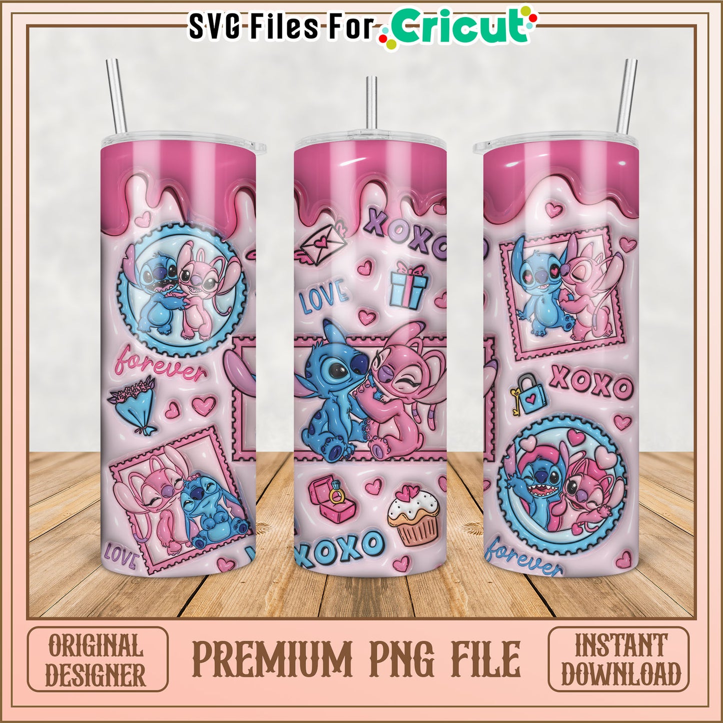 Cute Pink Tumbler PNG with Love Characters for Cricut Projects