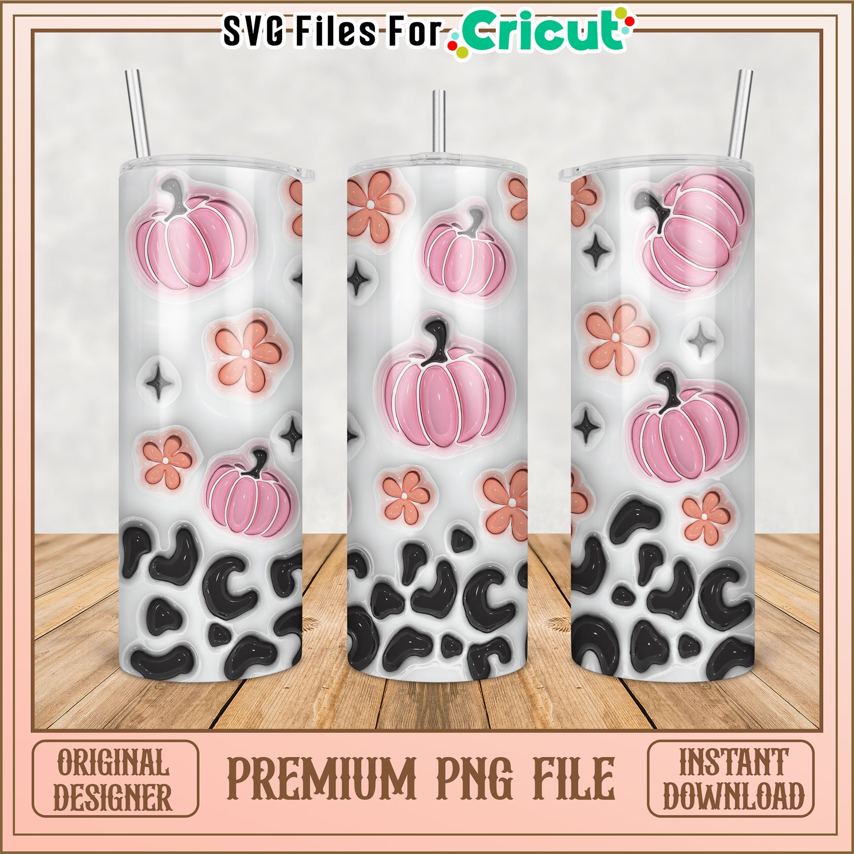Cute Pumpkin and Flower Tumbler Design PNG File for Cricut Use