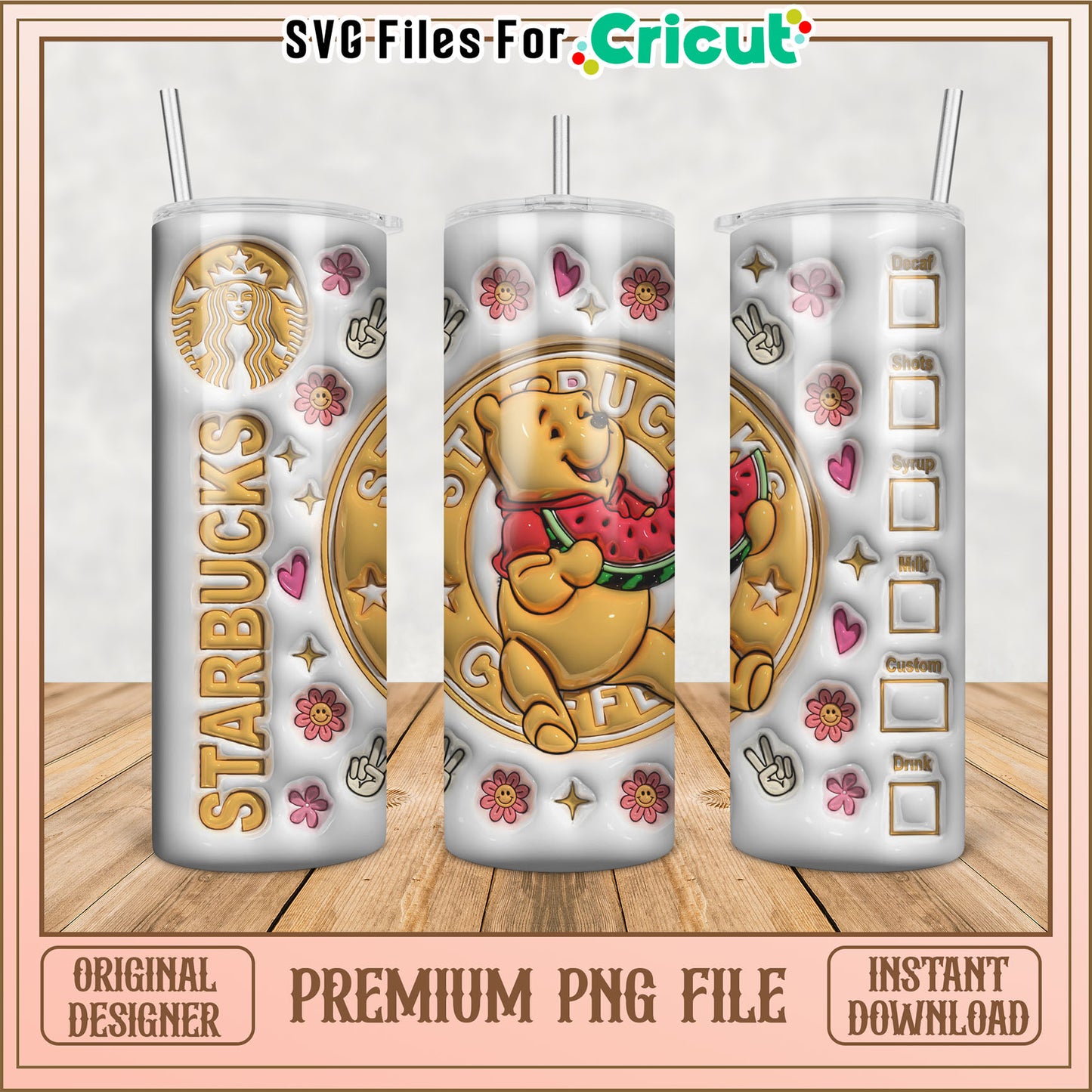 Cute Starbucks Tumbler PNG with Winnie the Pooh Design Download