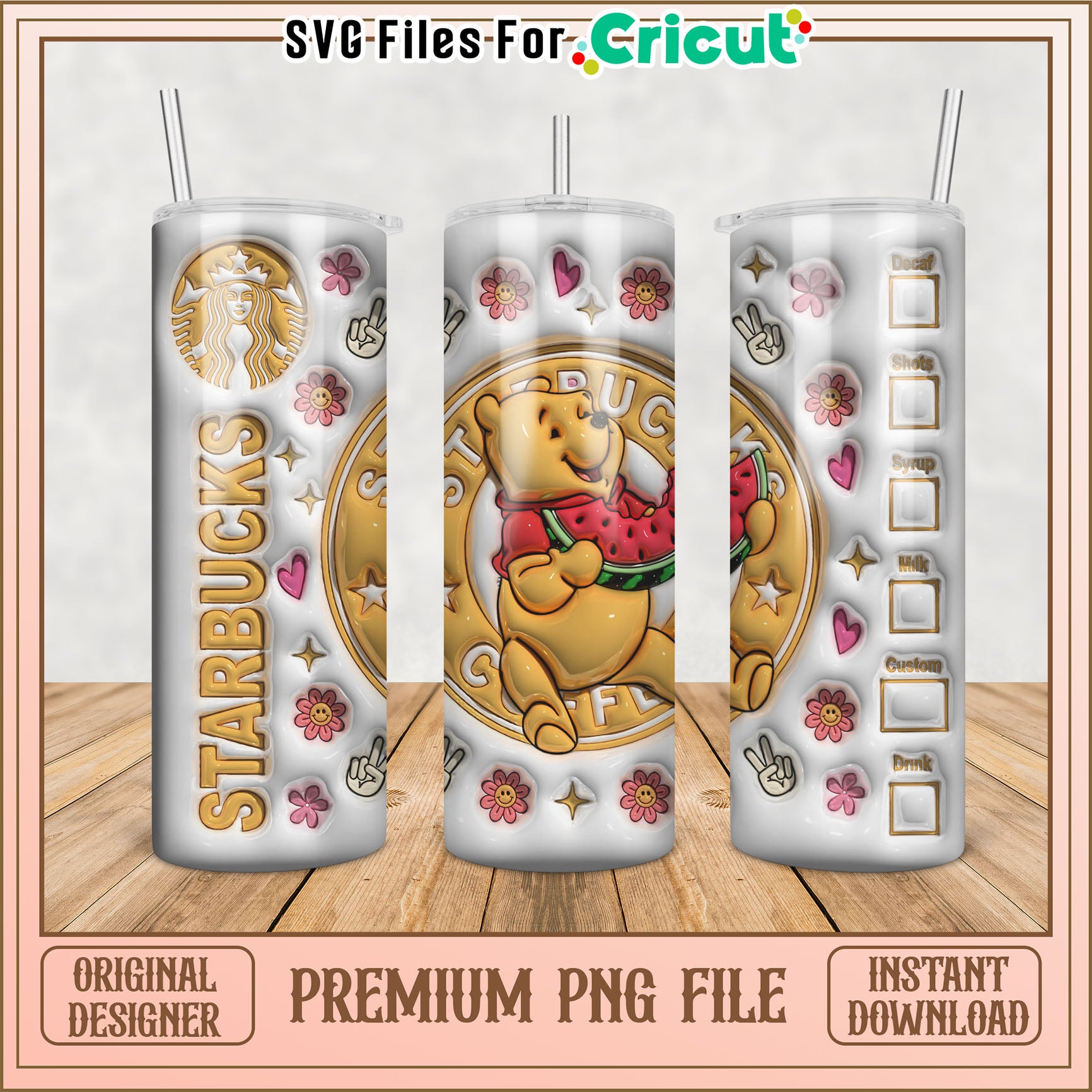 Cute Starbucks Tumbler PNG with Winnie the Pooh Design Download