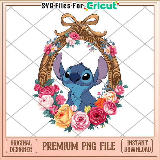 Cute Stitch Character in Floral Frame, High-Quality PNG File