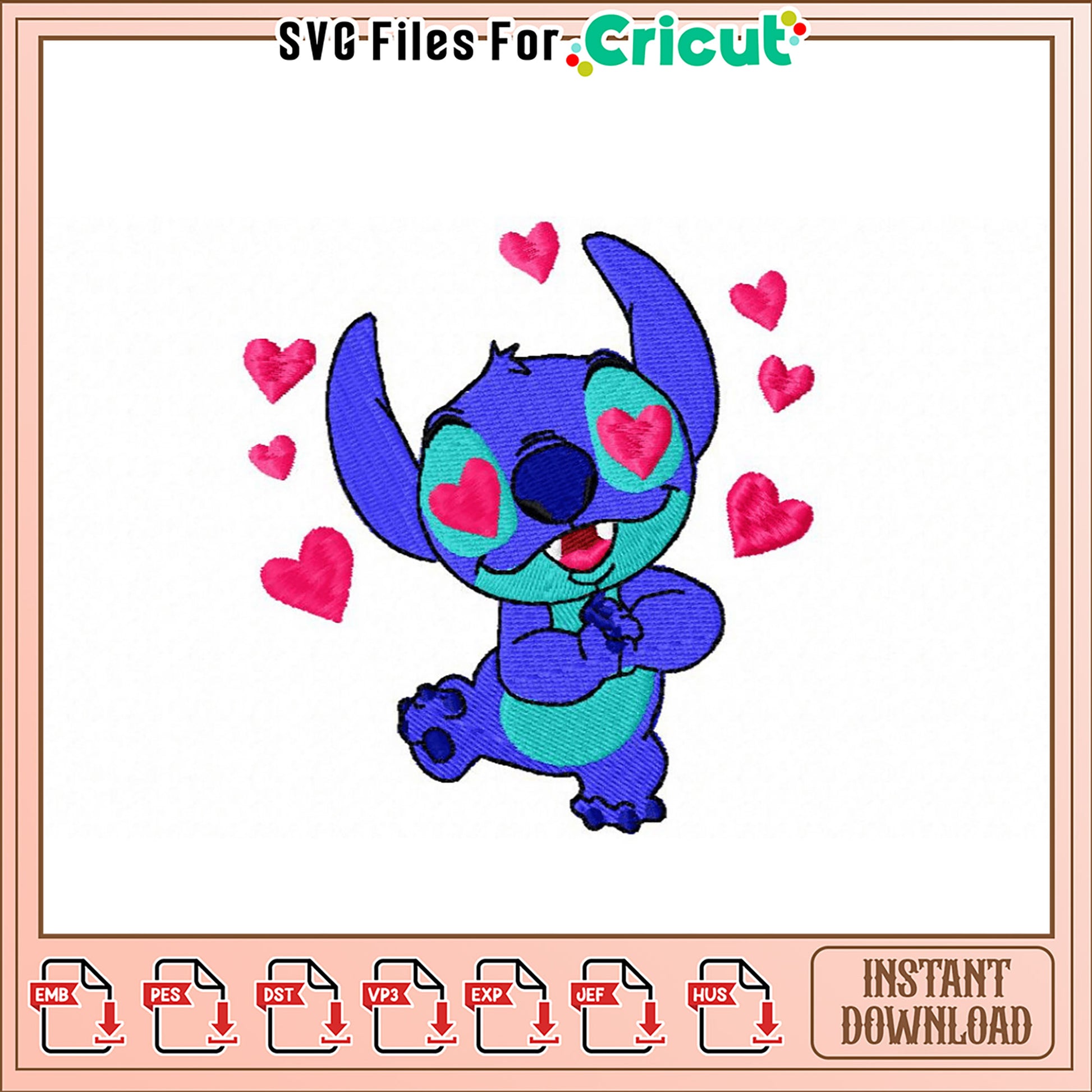 Cute Stitch Embroidery Design with Hearts for Kids