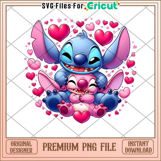 Cute Stitch and Angel PNG with Hearts Instant Download