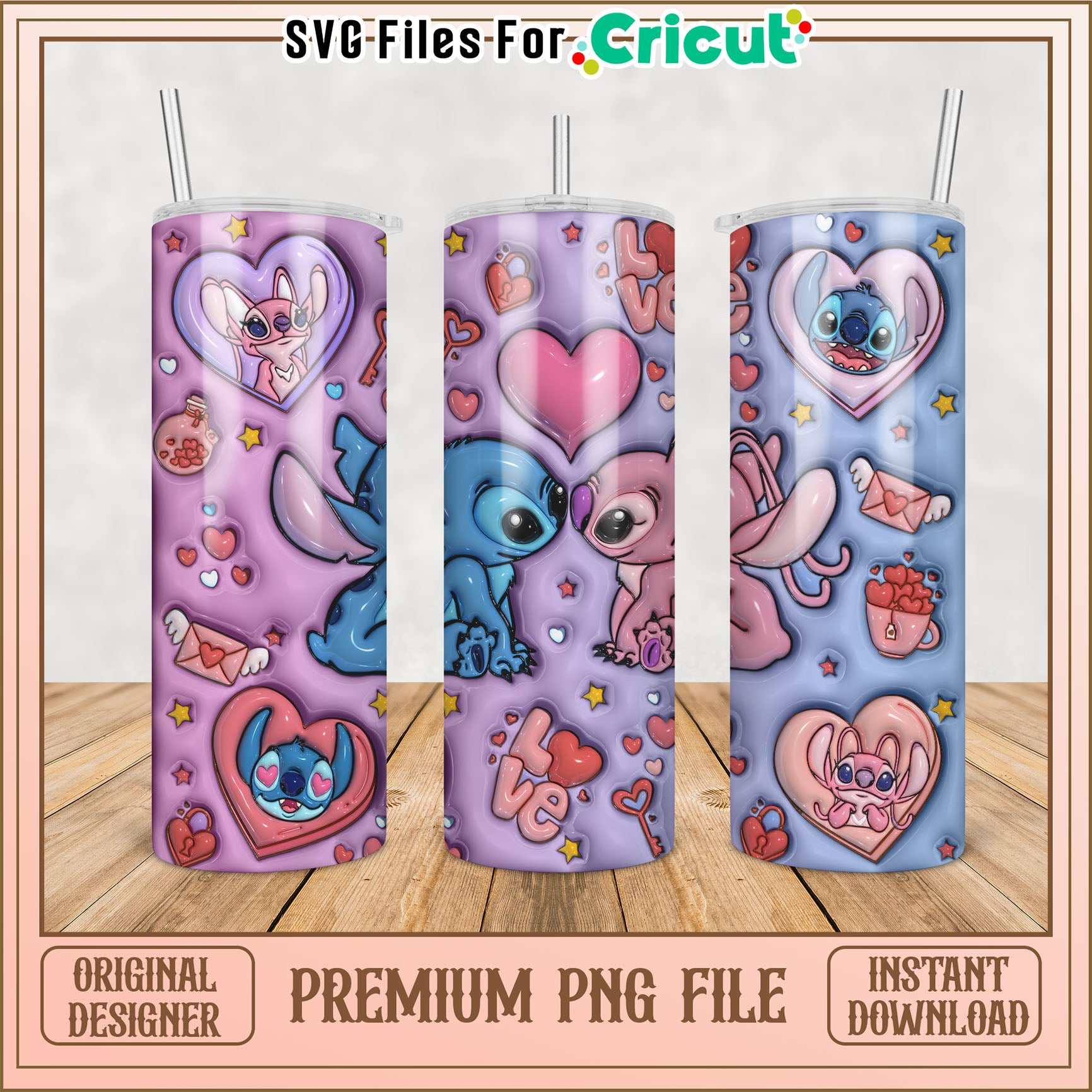 Cute Tumbler Design PNG for Cricut with Heart and Cartoon Characters