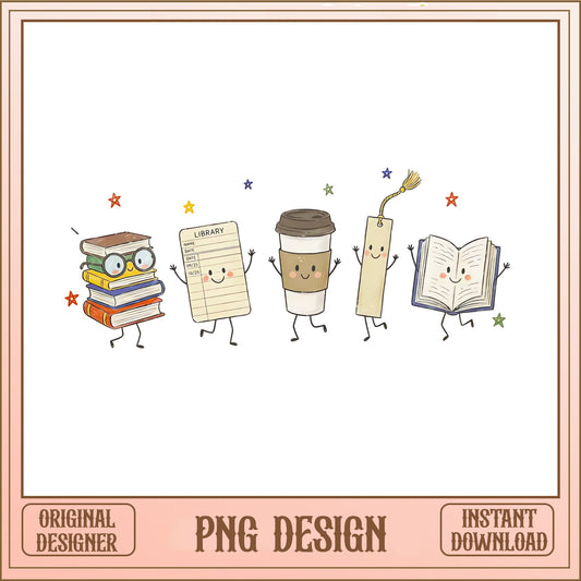 Cute Book Characters PNG, Library Coffee Lover PNG, Bookworm PNG