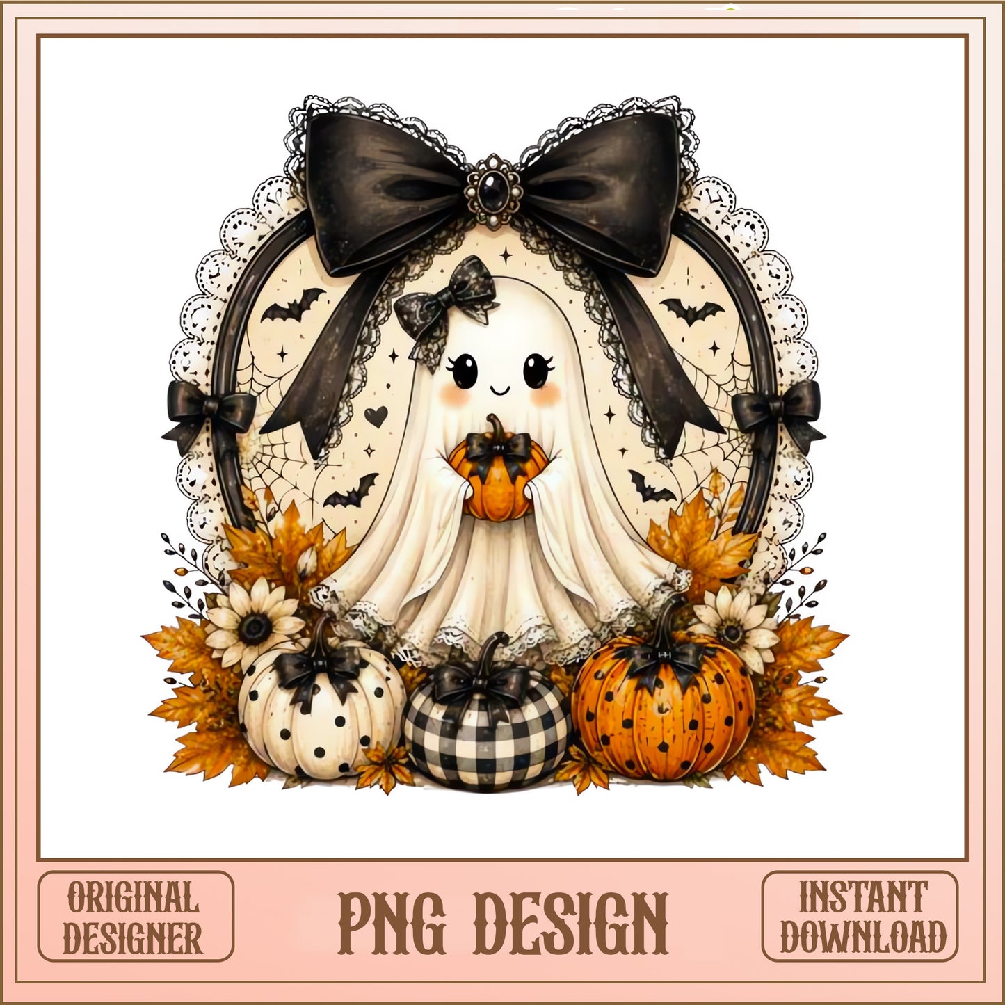 Cute Ghost Halloween PNG, Coquette Ghost Pumpkin PNG, Fall Halloween PNG
