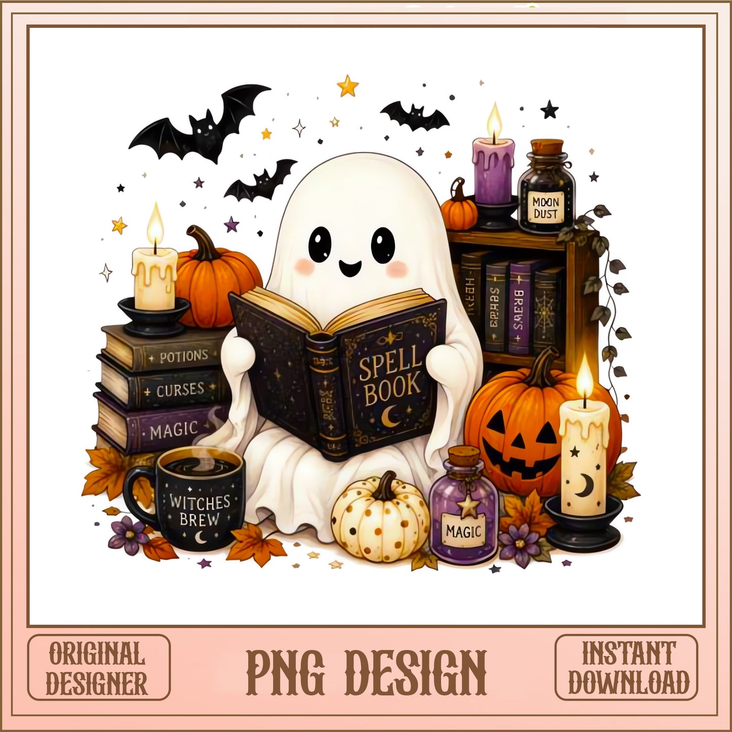 Cute Ghost Reading Spell Book PNG, Halloween Ghost PNG, Witch PNG