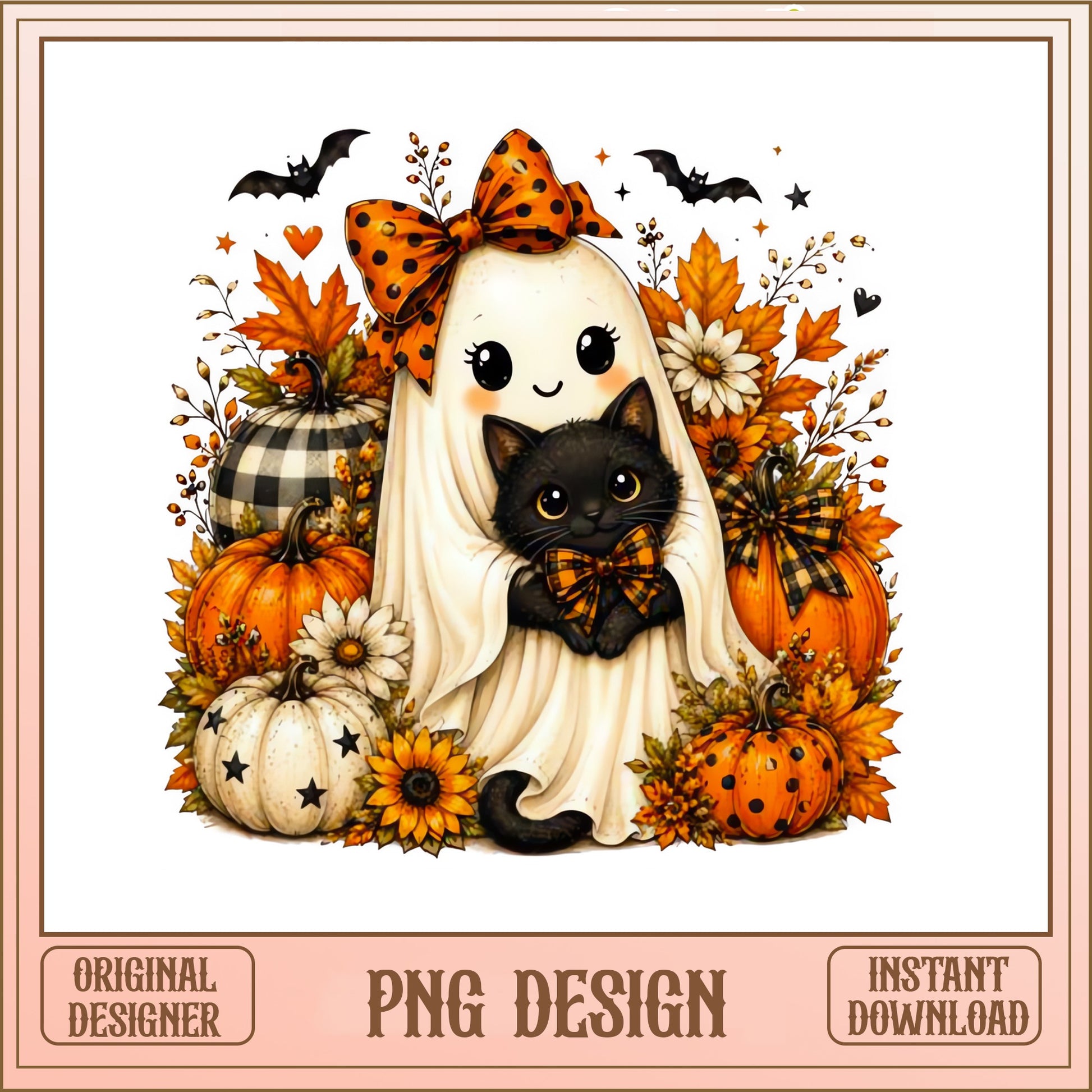 Cute Ghost With Black Cat PNG, Halloween Pumpkin PNG, Fall PNG