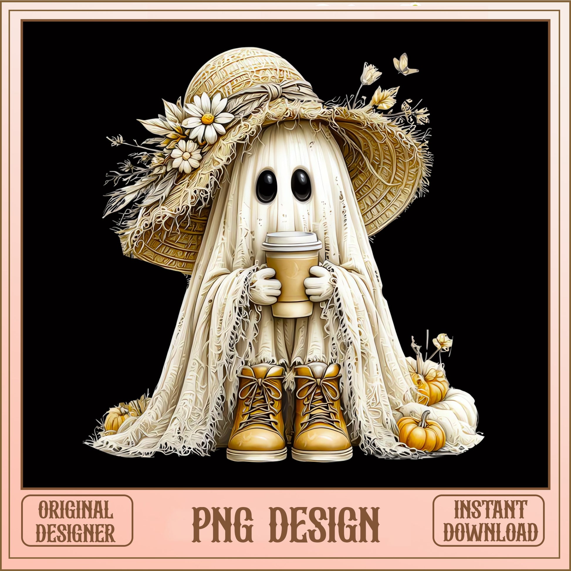 Cute Ghost With Coffee PNG, Fall Halloween PNG, Boho Ghost PNG