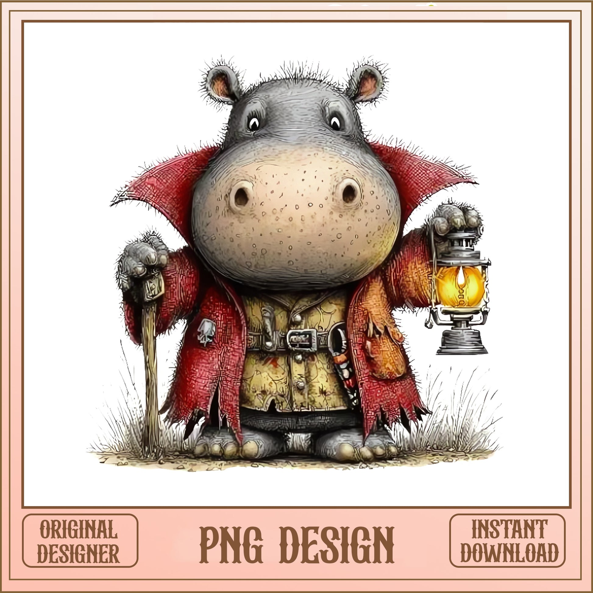 Cute Hippo Wizard PNG, Fantasy Animal Clipart, Lantern PNG