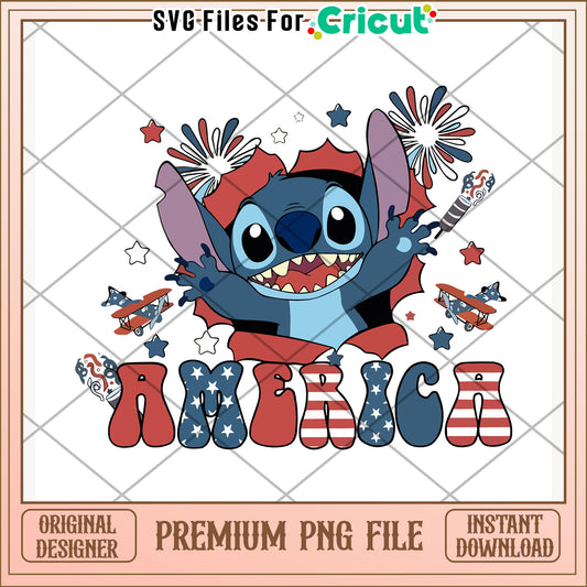 Cute american stitch design png, disney character png, 4th of july png