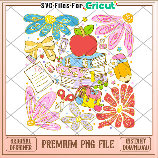 Cute books flowers design png, fun school essentials png, first day of school png