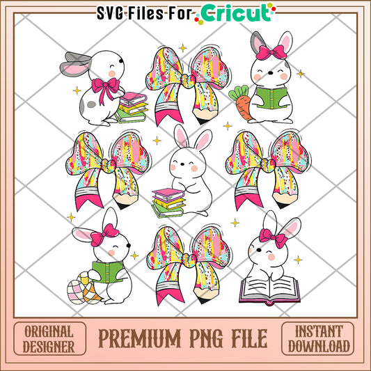 Cute bunny and school items png, colorful classroom tools png, educational supplies illustration png