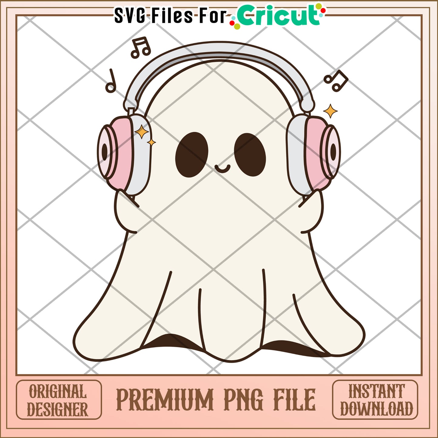 Cute ghost listening headphone png, spirit halloween​ png, halloween movies​ png