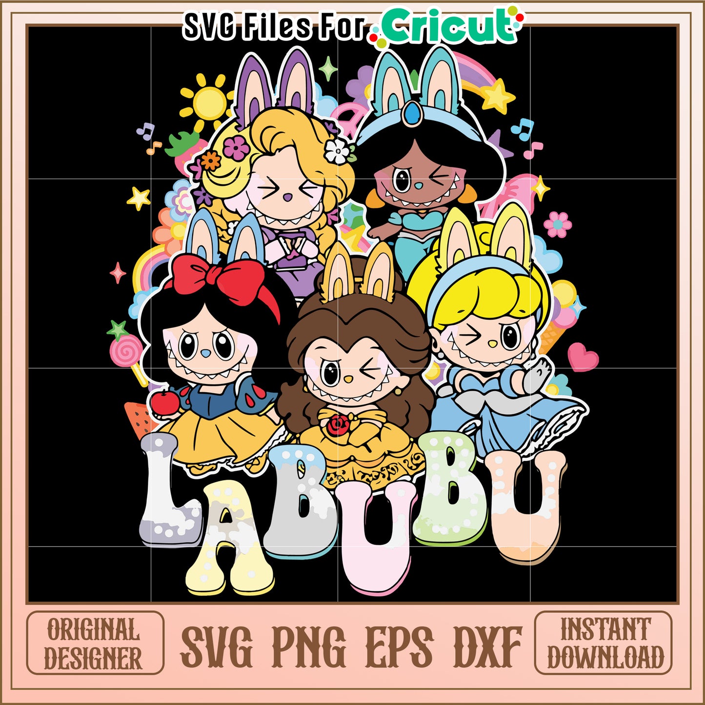 Cute labubu disney princess design svg, labubu in princess costume svg, disney princess svg