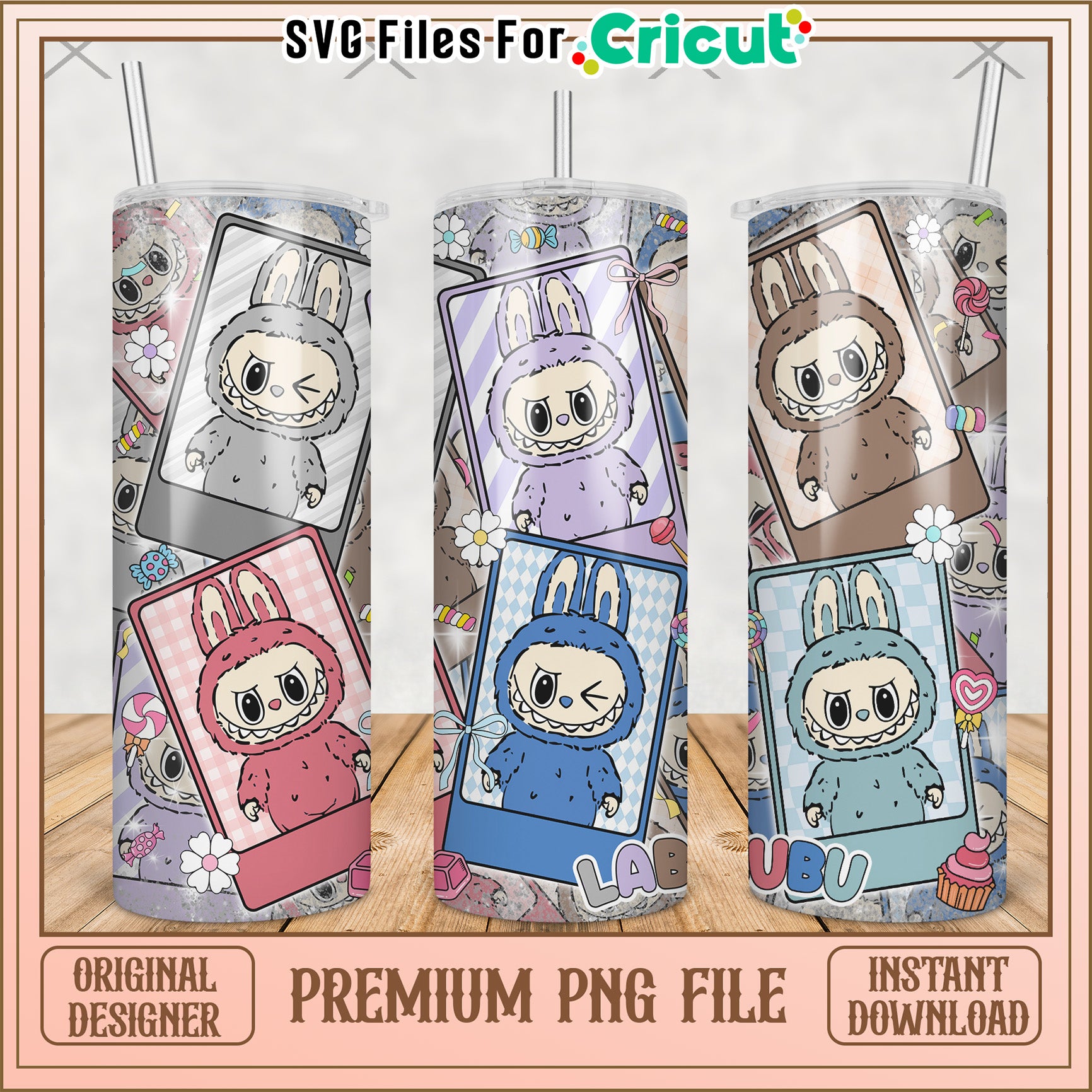 Cute labubu tumbler picture frame png, labubu macaron​ png, the monsters labubu​ png