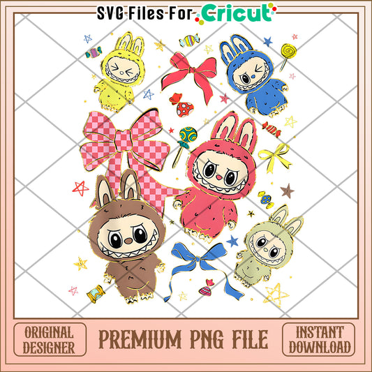 Cute labubu with bow tie design png, labubu the monster​ png, cute labubu png