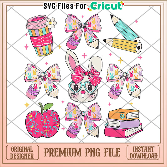 Cute pink bunny items png, colorful classroom tools png, educational supplies illustration png
