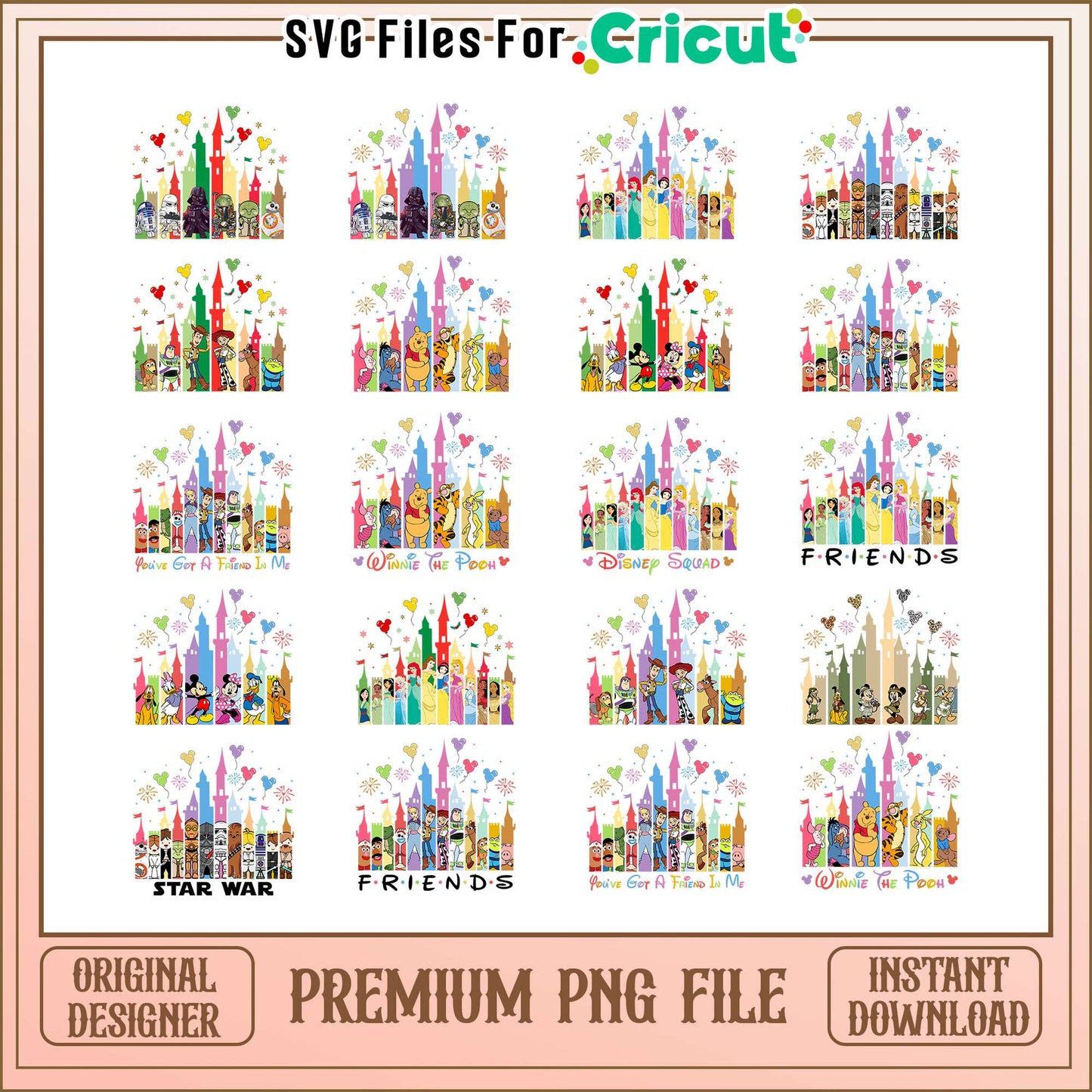 Disney characters castle bundle png, disney castle png, disney png