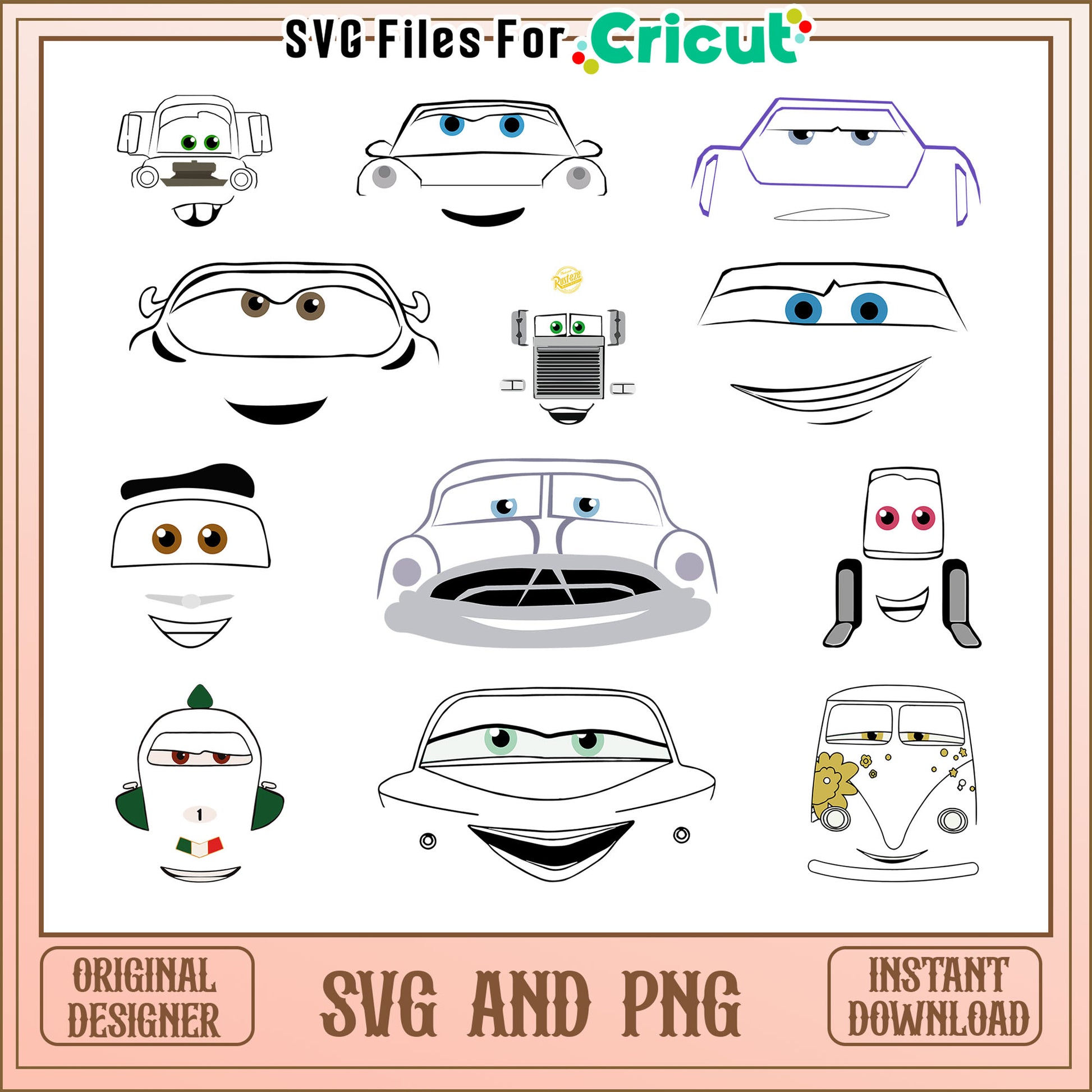 Disney cars characters face black white bundle svg, Disney cars​ svg