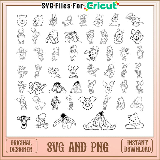 Winnie the pooh members black white bundle svg, Winnie the pooh svg