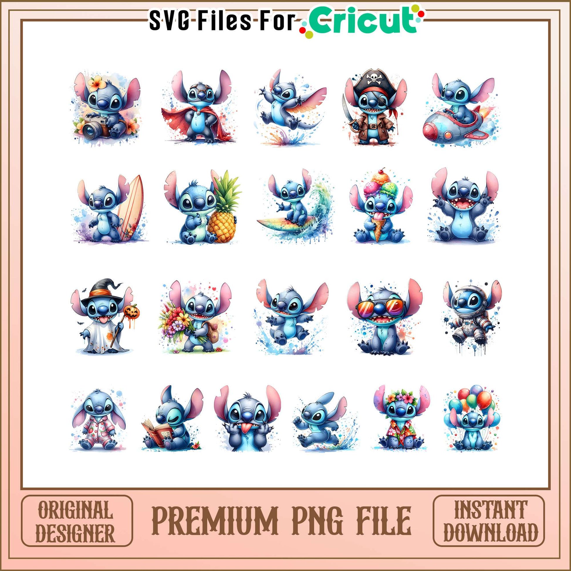 Disney stitch watercolor design bundle png, cute stitch disney​ png