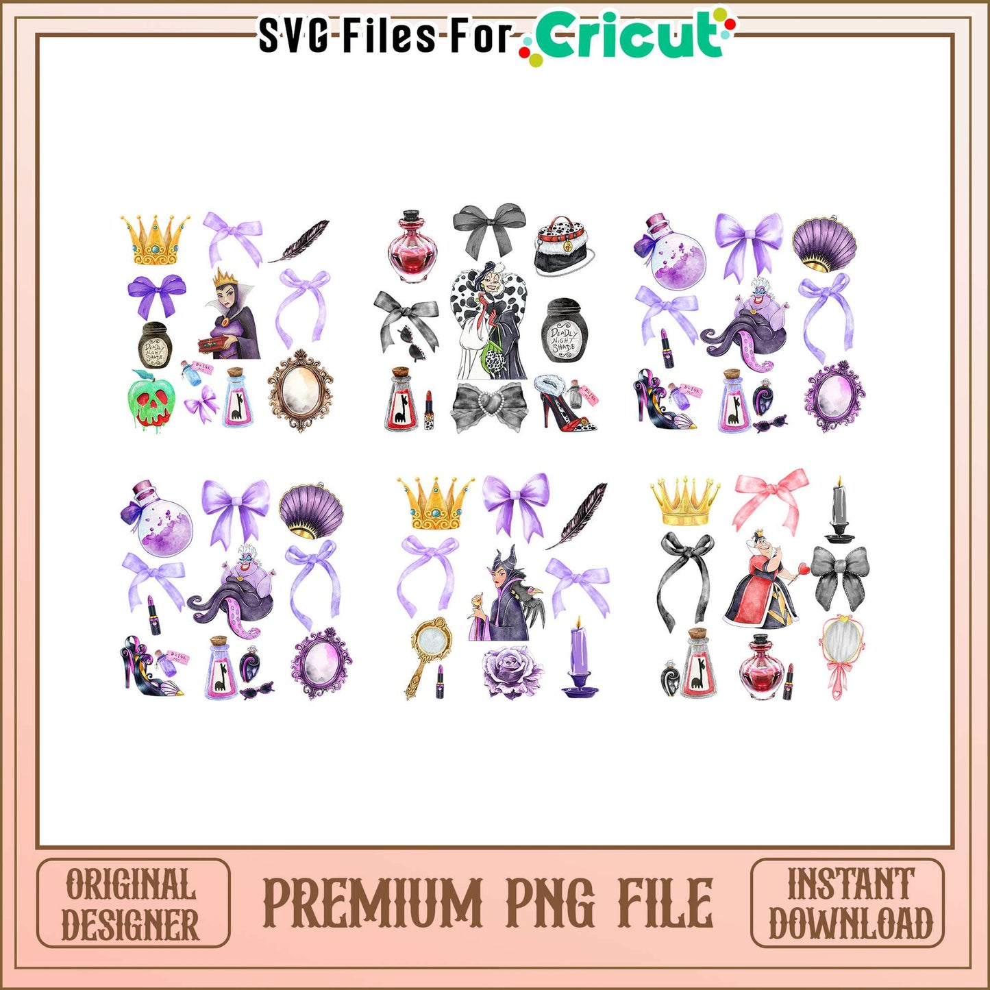 Bow tie villains design bundle png, all disney villains​ png