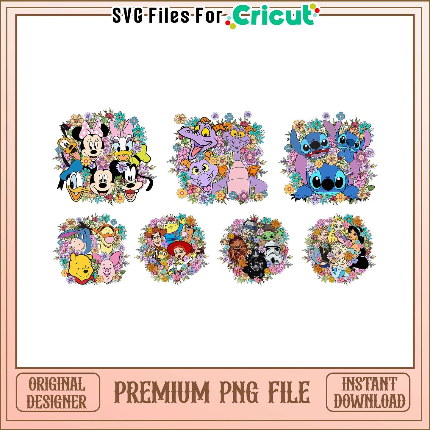 Disney characters flower design bundle png, disney cartoon characters​ png