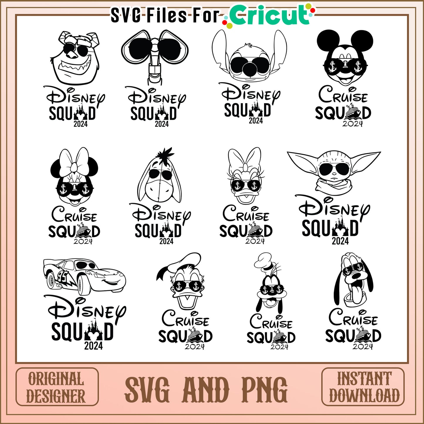 Mickey friends squad 2024 black white bundle svg, disney cruise svg
