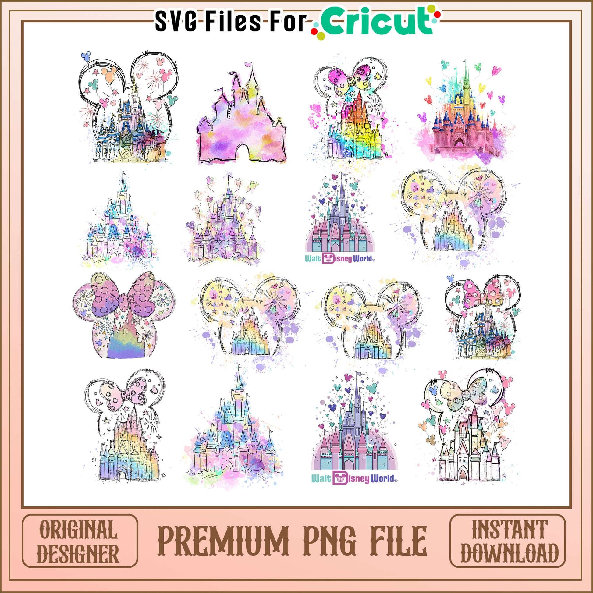 Disney mouse head castle watercolor bundle png, disney castle png