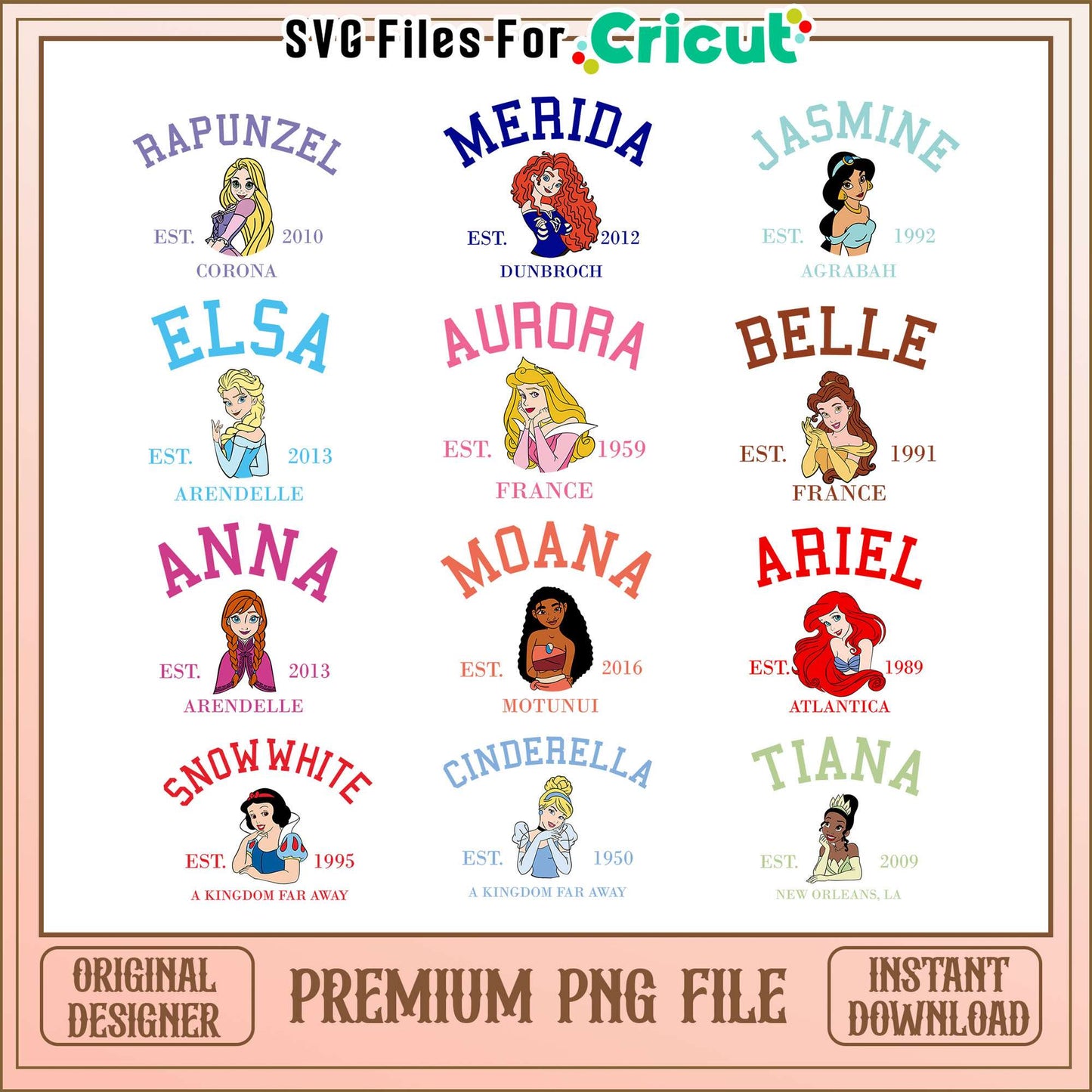 Disney princess est design bundle png, disney princess names​ png