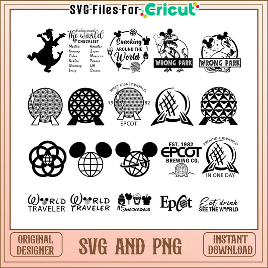 Walt disney world 1982 epcot black white bundle svg, world traveler​ svg