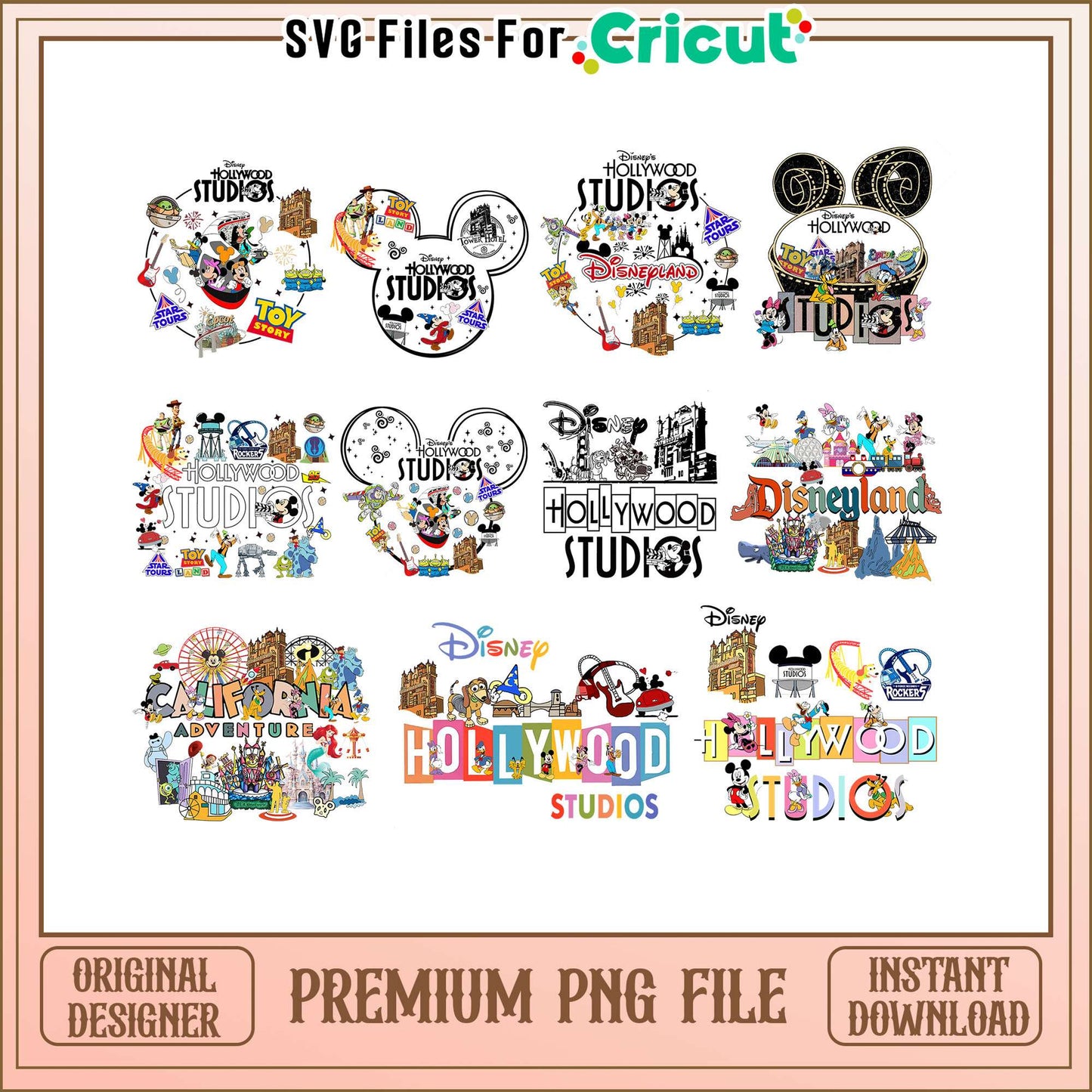 Disney hollywood studio design bundle png, mickey friends png