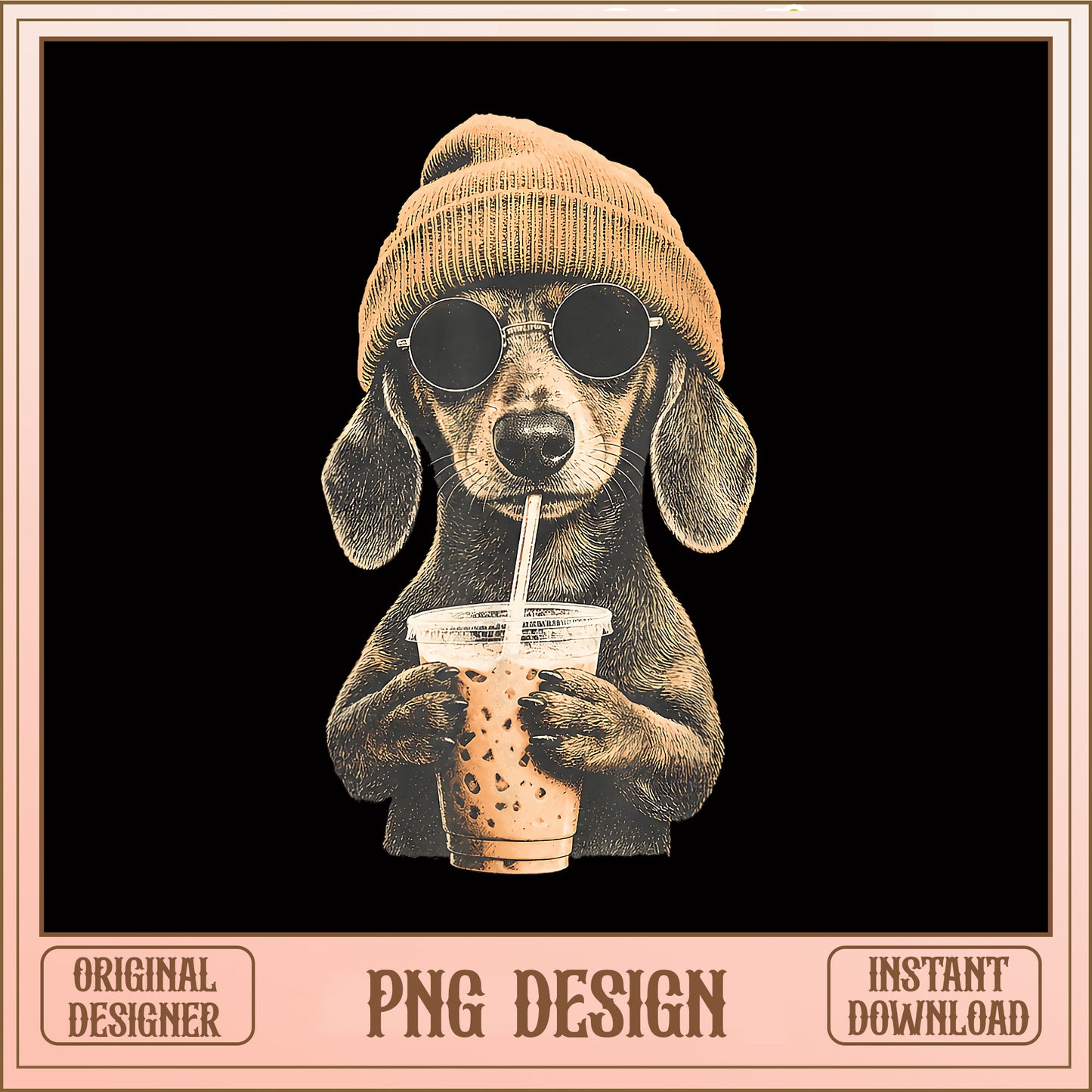 Dachshund Drinking Iced Coffee PNG, Funny Dog PNG, Retro Dog PNG