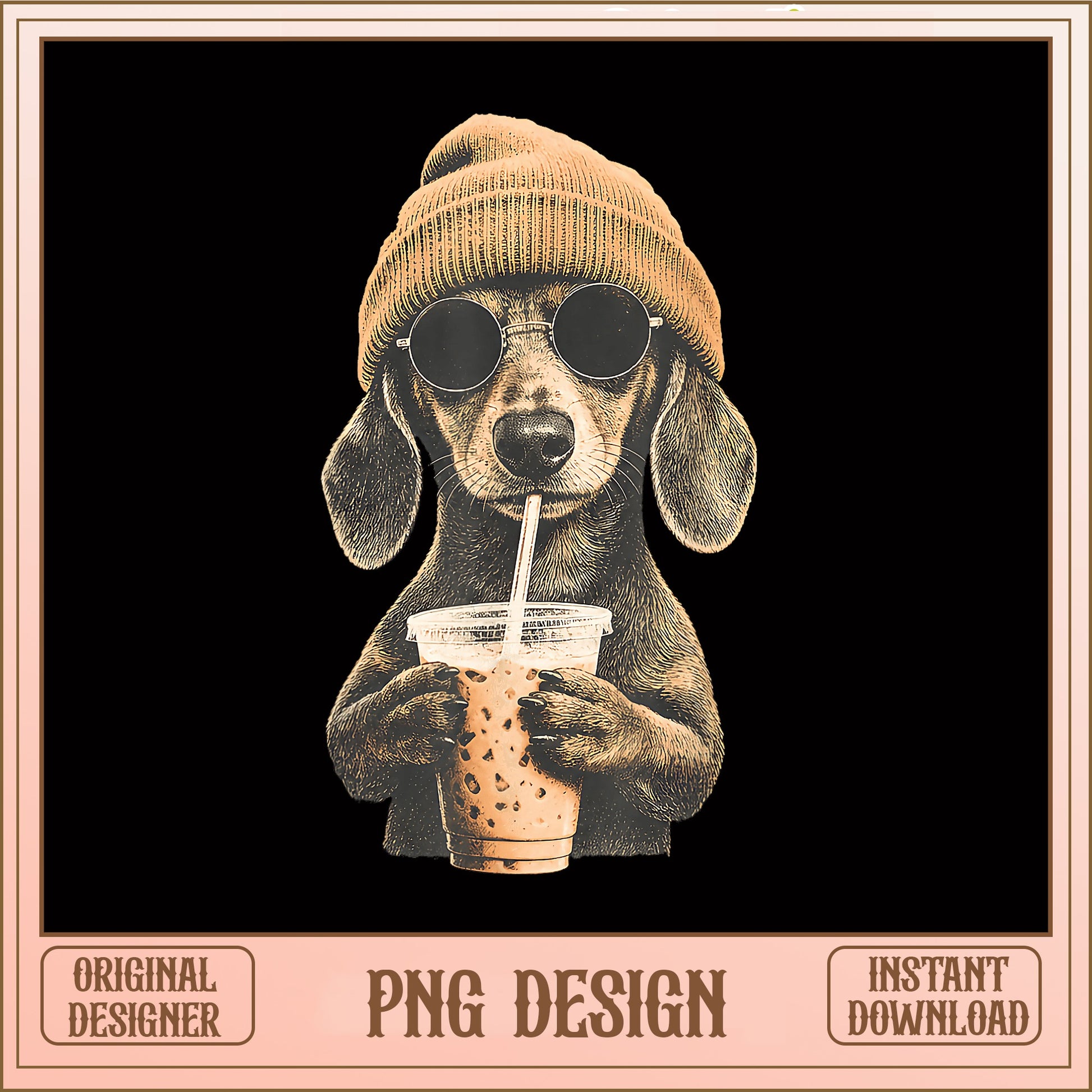 Dachshund Drinking Iced Coffee PNG, Funny Dog PNG, Retro Dog PNG