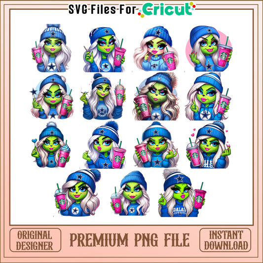 Dallas cowboys grinch girl bundle png, dallas cowboys christmas​ png