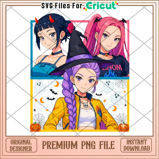 Demon hunters girls png, kpop cartoon png, halloween season png