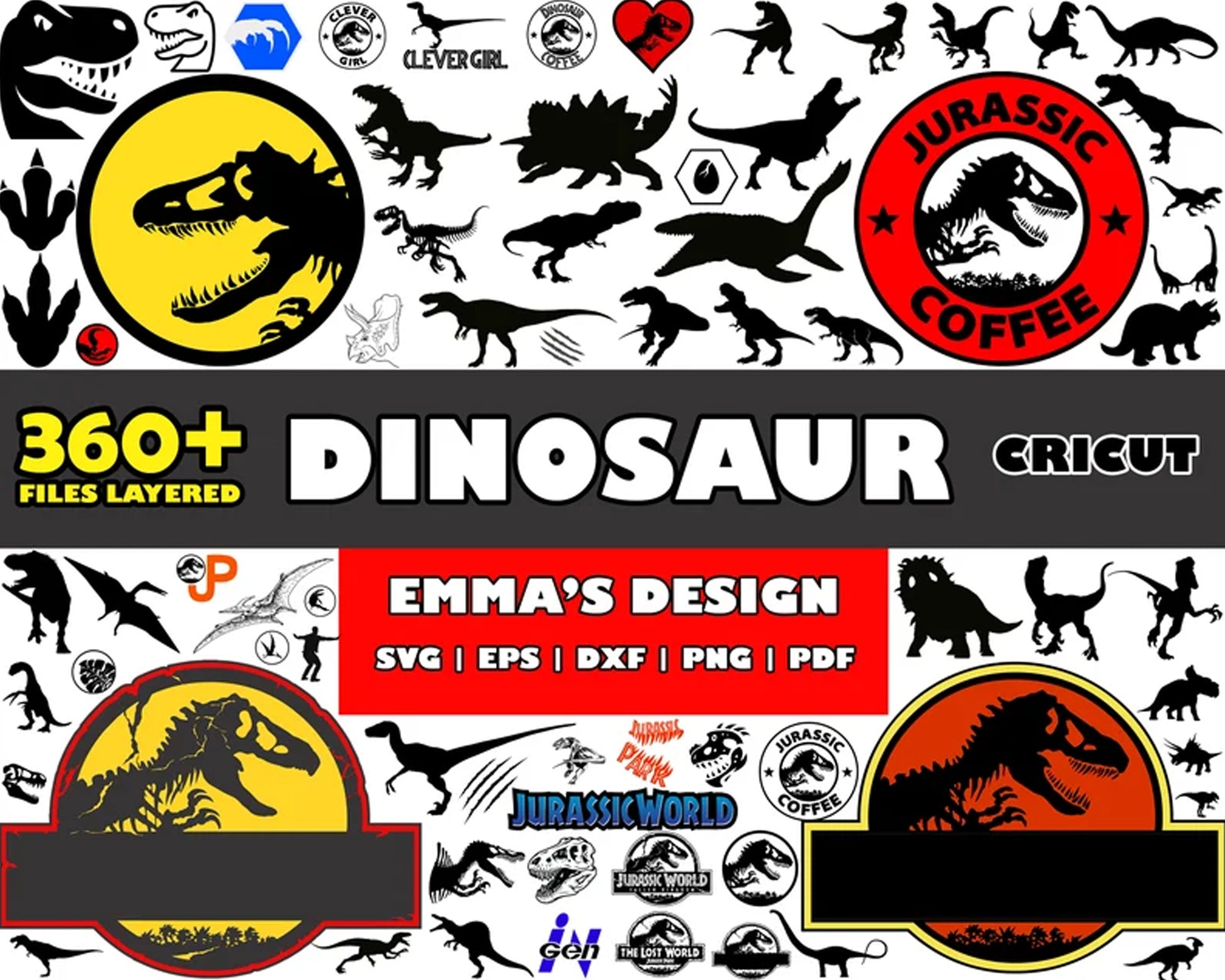 Jurassic dinosaurs black white bundle svg, jurassic world​ svg