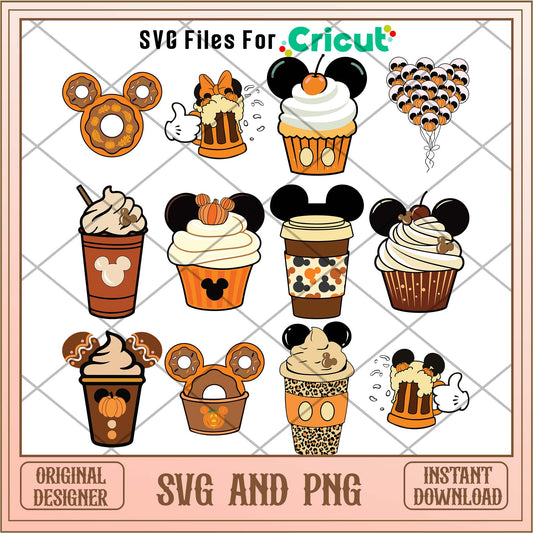 Disney Fall drinks and cupcake SVG Bundle 